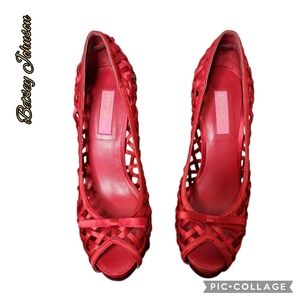 Betsey Johnson red heel shoes satin lattice open toe